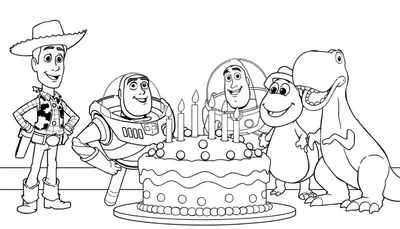 Toy Story kleurplaat met Woody, Buzz Lightyear, Rex en een groene dinosaurus rond een verjaardagstaart.