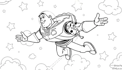 Buzz Lightyear kleurplaat in de ruimte met een alien!
