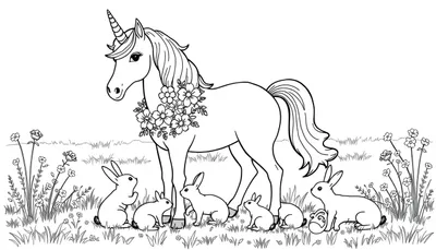 Eenhoorn kleurplaat met konijntjes en bloemen
