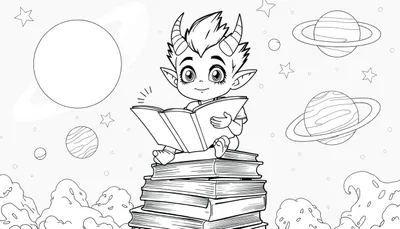 Kleurplaat van een ondeugend alien jongetje met hoorntjes die op een stapel boeken zit te lezen.