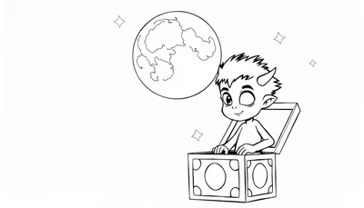 Kleurplaat van een ondeugend alien jongetje dat uit een toverdoos komt, met de maan op de achtergrond.