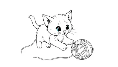 Kleurplaat van een katje dat speelt met een bol wol.