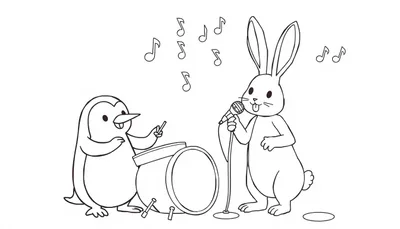 Pinguïn en konijn maken muziek, een leuke kleurplaat!