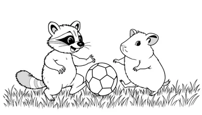 Kleurplaat van een wasbeer en cavia die voetballen.
