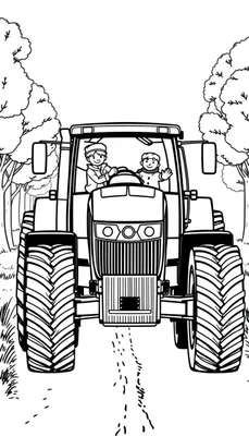 Kleurplaat van twee zwaaiende jongens in een grote John Deere tractor.