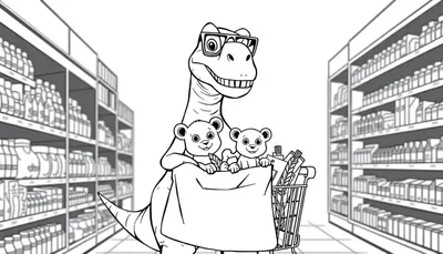 Dino met zonnebril in de supermarkt kleurplaat.