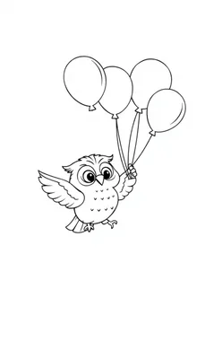 Uil vliegt weg met ballonnen, kleurplaat.