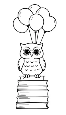 Kleurplaat van een uil met ballonnen bovenop een stapel boeken.