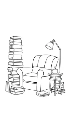Kleurplaat van een gezellige leeshoek met stapels boeken.