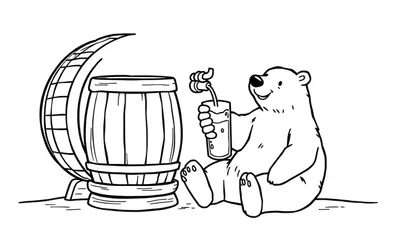 Kleurplaat van een ijsbeer met een biervat en een glas drinken.