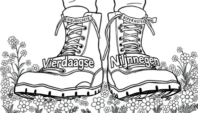 Vierdaagse Nijmegen kleurplaat wandelschoenen in bloemenveld