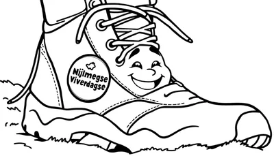 Nijmeegse Vierdaagse wandelschoen kleurplaat met een lachend gezicht.