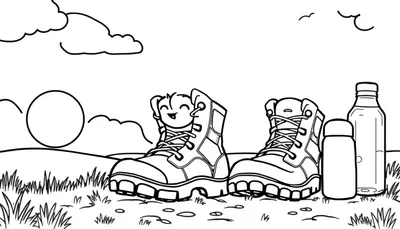 Wandel kleurplaat van schoenen en drinkflessen in een landschap.