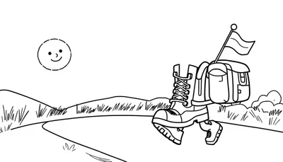 Wandelschoenen en rugzak voor een kleurplaat van de Vierdaagse
