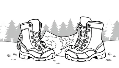 Wandelschoenen met kaart in het bos, klaar voor een kleurplaat avontuur!