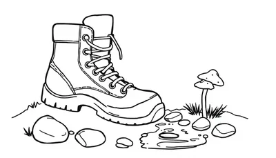 Wandelschoen kleurplaat met paddenstoelen en stenen.