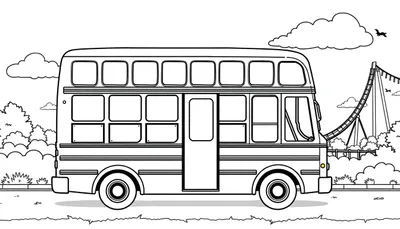 Kleurplaat van een schoolreisbus op weg naar Drievliet met lege ramen.