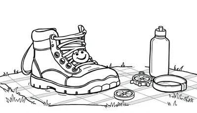 Wandelschoen kleurplaat met smiley gezicht, kompassen en waterfles op een kleedje.