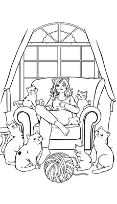 Vrouw met veel katten, een gezellige kleurplaat!