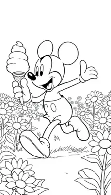 Mickey Mouse zomer kleurplaat met ijsje in een veld vol madeliefjes.