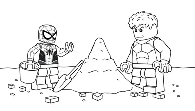 Kleurplaat van LEGO Spiderman en Hulk die een zandkasteel bouwen.