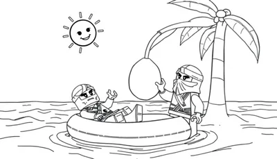 Lego Ninjago kleurplaat met figuren op een luchtbed op zee met strand, palmbomen en een zon.
