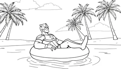 Kleurplaat van Captain America die relaxed dobbert op een zwemband op zee met palmbomen.