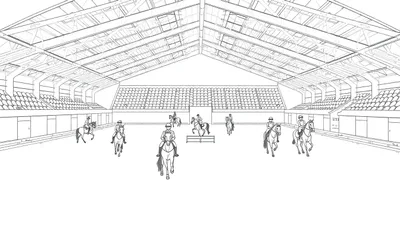 Kleurplaat van een grote manege met ruiters te paard.