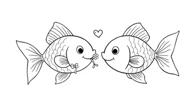 Kleurplaat van twee vrolijke goudvissen die elkaar liefdevol aankijken, met een hartje erboven en een bloem in de mond van één vis.