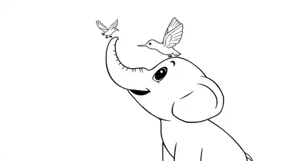 Kleurplaat van een baby olifant met twee vogels, één op zijn hoofd en één op zijn slurf.