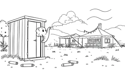 Kleurplaat van een olifant die uit een hokje kijkt met kleurpotloden op de grond.