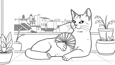 Kleurplaat van een kat die koelt met een waaier bij een raam met een stadsgezicht.