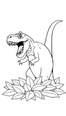 Kleurplaat van een cartoonachtige Tyrannosaurus Rex met grote bladeren.