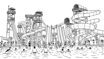 Drukte in een waterpark met kleurplaten van glijbanen en zwembad.