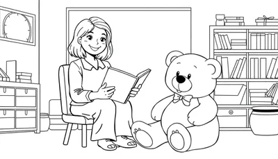 Kleurplaat van een juf die een teddybeer voorleest.