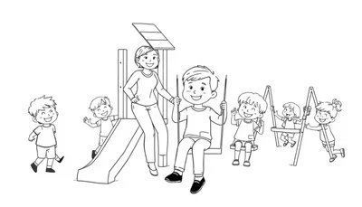 Zwart-wit kleurplaat van spelende kinderen in een speeltuin met een juf.