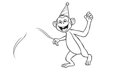 Een zwart-wit kleurplaat van een dansende aap in een feestmuts.
