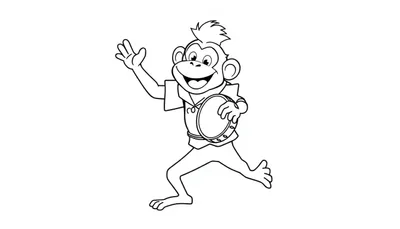 Zwart-wit kleurplaat van een dansende aap met een tamboerijn.