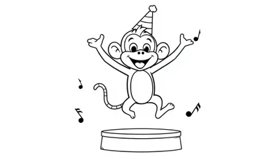 Zwart-wit kleurplaat van een vrolijke aap met feestmuts die danst.