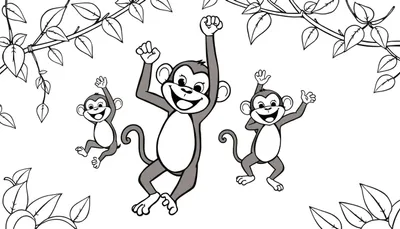 Zwart-wit kleurplaat van drie vrolijke apen die dansen aan lianen in de jungle.
