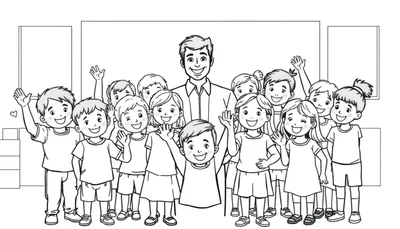 Een zwart-wit kleurplaat van een leraar en kinderen die lachen en zwaaien.