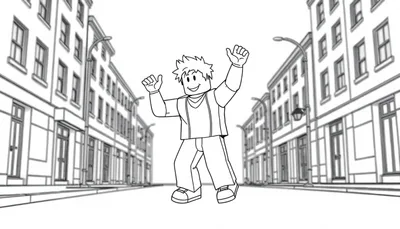 Kleurplaat van een Roblox-personage dat danst op straat.
