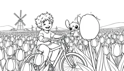Kleurplaat: Vrolijk jongetje op de fiets met Stitch in een Nederlands tulpenveld met windmolens.