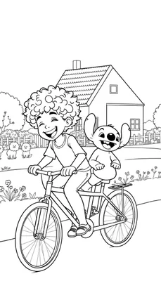 Kleurplaat van Luan en Stitch die samen fietsen in Nederland.