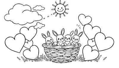 Zwart-wit kleurplaat van schattige baby konijntjes in een mandje omringd door hartjes, met een lachende zon en wolken boven gras.