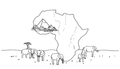 Kleurplaat van de landkaart van Afrika met olifanten en piramides.