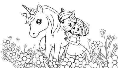 Kleurplaat van Elza die een eenhoorn knuffelt tussen bloemen.