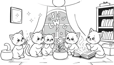 Zwart-wit kleurplaat van vijf kittens die toveren in een gezellige kamer, met een bewolkte lucht op de achtergrond.