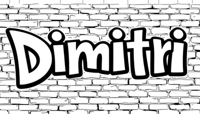Kleurplaat: graffiti met de naam Dimitri in witte letters met zwarte rand op een bakstenen muur.
