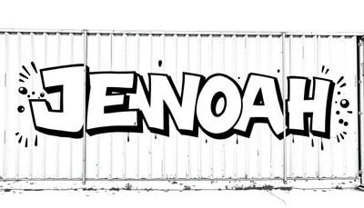 Kleurplaat van de naam JENOAH in graffiti-stijl op een metalen hek.